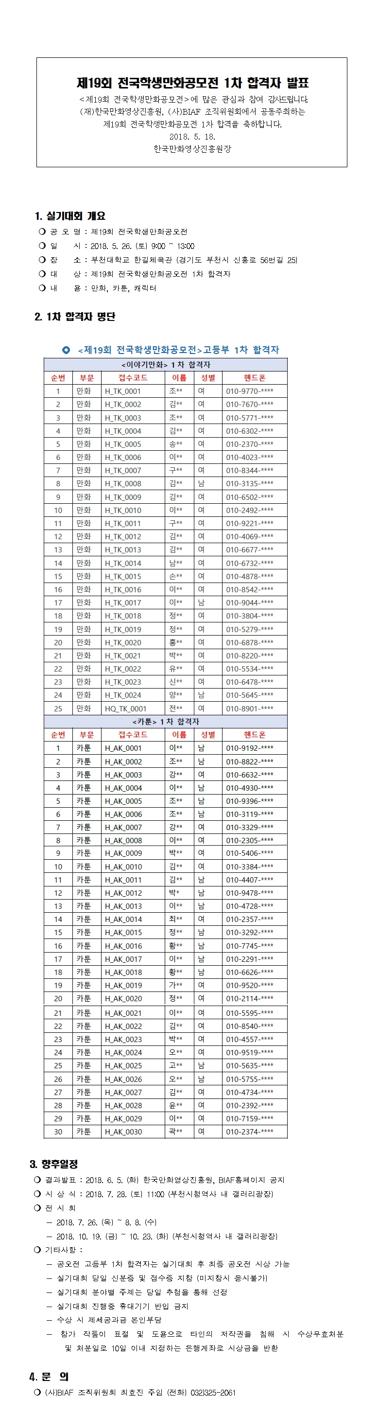 제19회 전국학생만화공모전 1차 합격자 발표