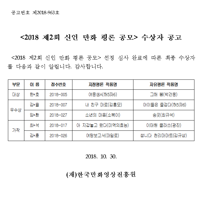 2018 신인만화평론 공모 수상자 공고