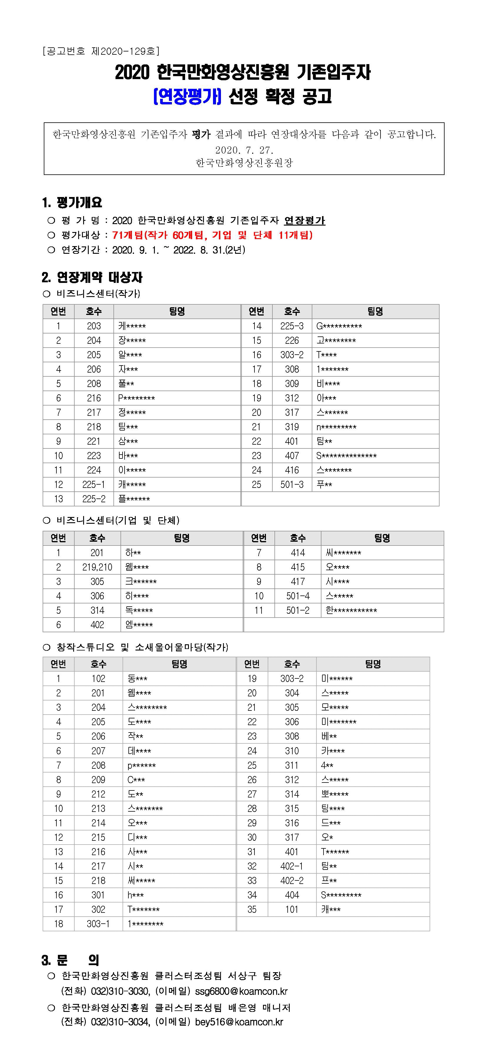 2020 한국만화영상진흥원 기존입주자 연장평가 결과 공고