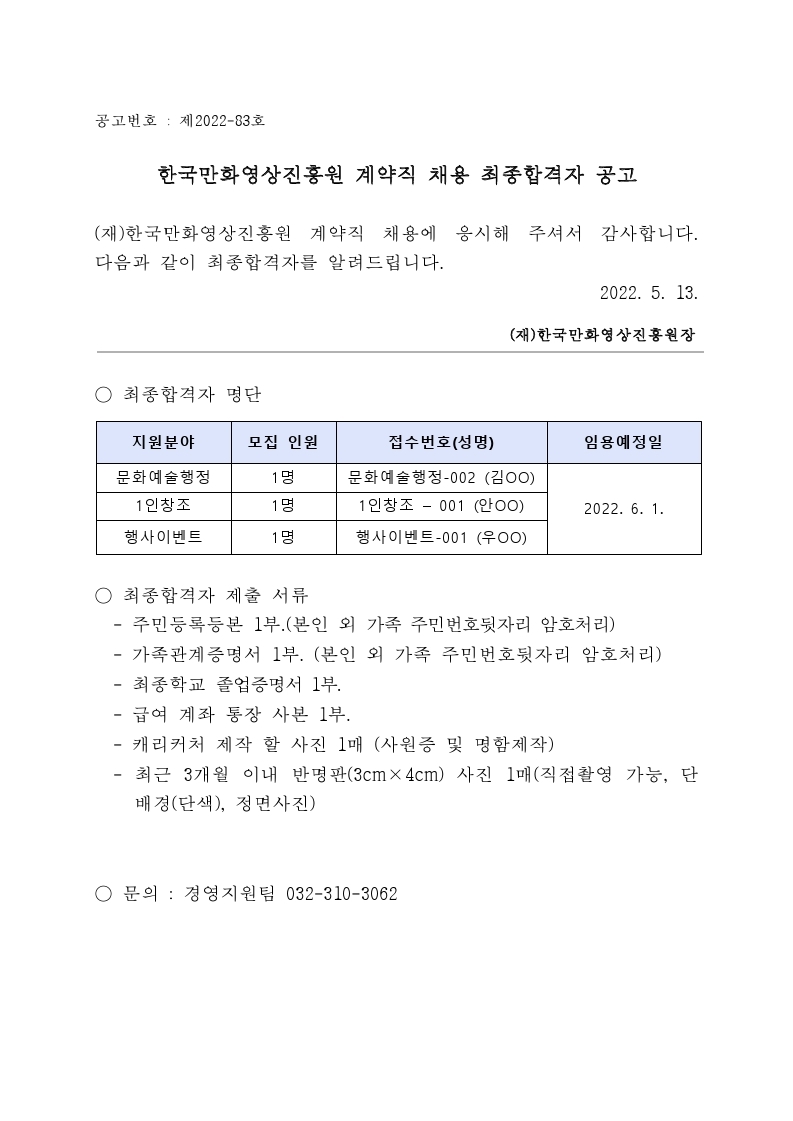 [제2022-83호] 2022 한국만화영상진흥원 계약직 채용 최종합격자 공고