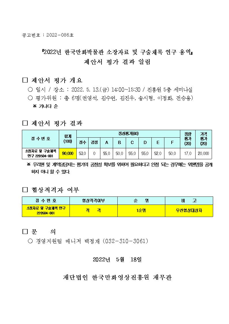 『2022 한국만화박물관 소장자료 및 구술채록 연구 용역』 제안서 평가 결과 알림