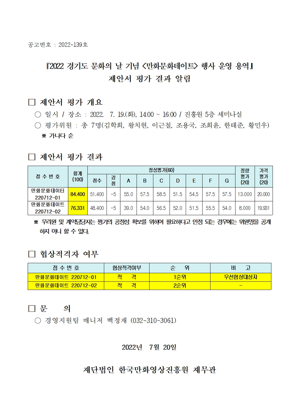 『2022 경기도 문화의 날 기념 (만화문화데이트) 행사 운영 용역』 제안서 평가 결과 알림