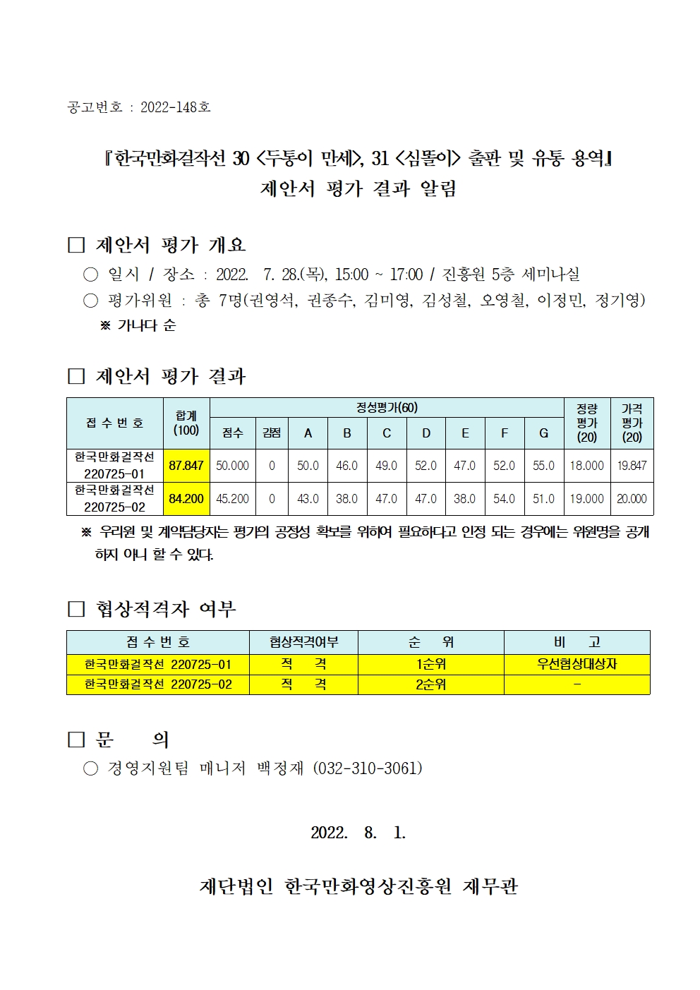 『한국만화걸작선 30 (두통이 만세), 31 (심똘이) 출판 및 유통 용역』 제안서 평가 결과 알림