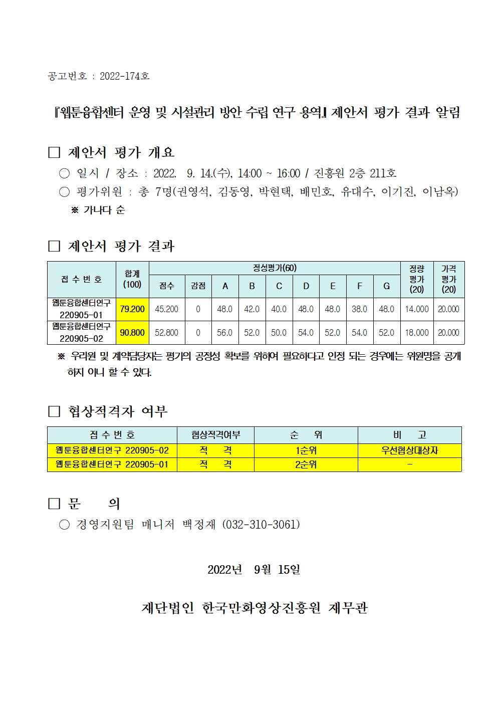 『웹툰융합센터 운영 및 시설관리 방안 수립 연구 용역』 제안서 평가 결과 알림