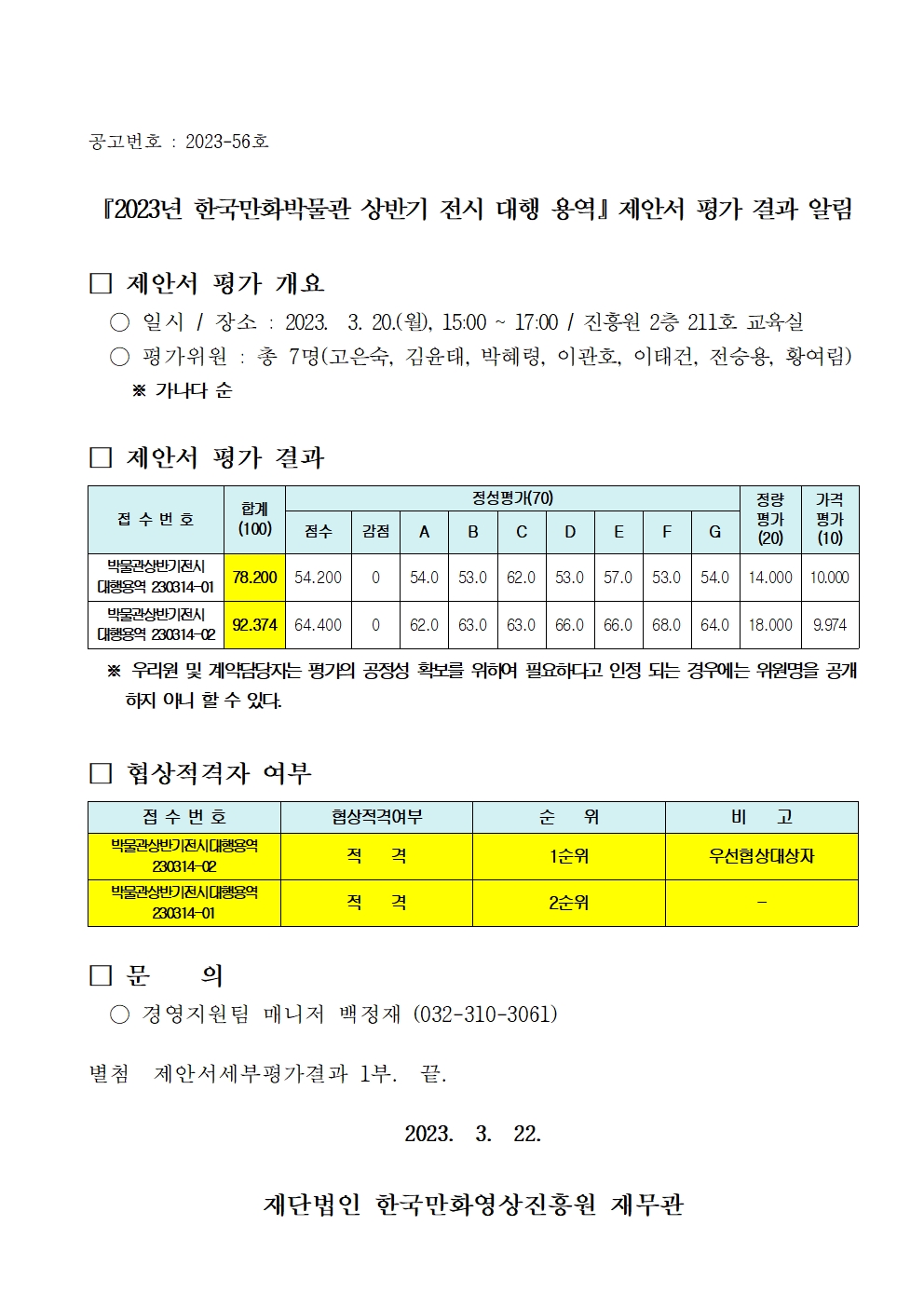 『2023년 한국만화박물관 상반기 전시 대행 용역』 제안서 평가 결과 알림