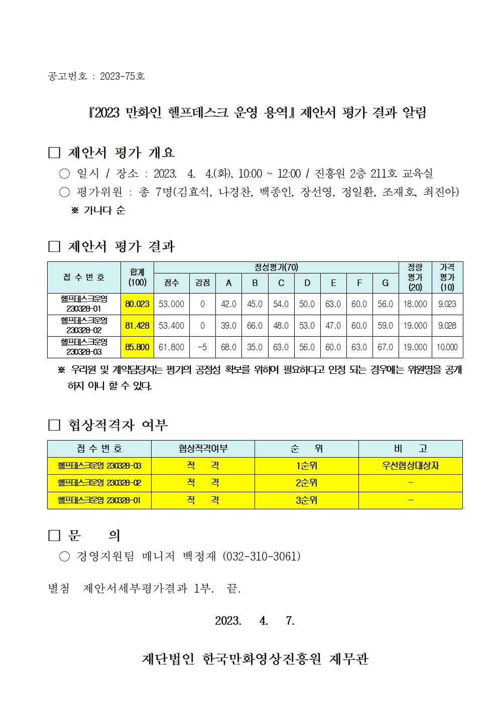 『2023 만화인 헬프데스크 운영 용역』 제안서 평가 결과 알림 