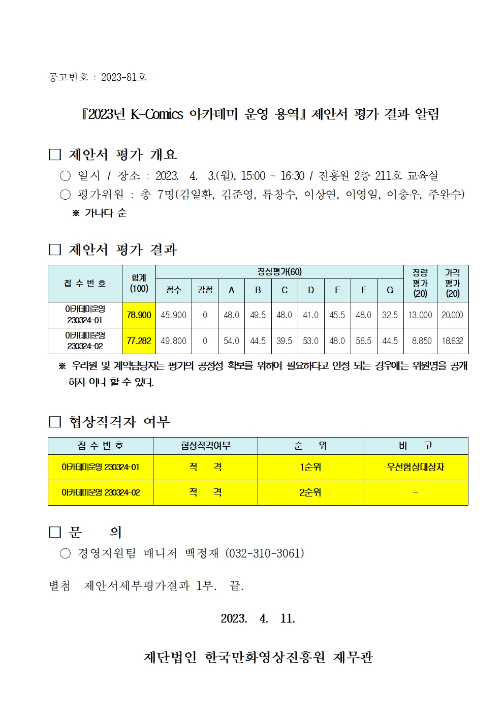 『2023년 K-Comics 아카데미 운영 용역』 제안서 평가 결과 알림