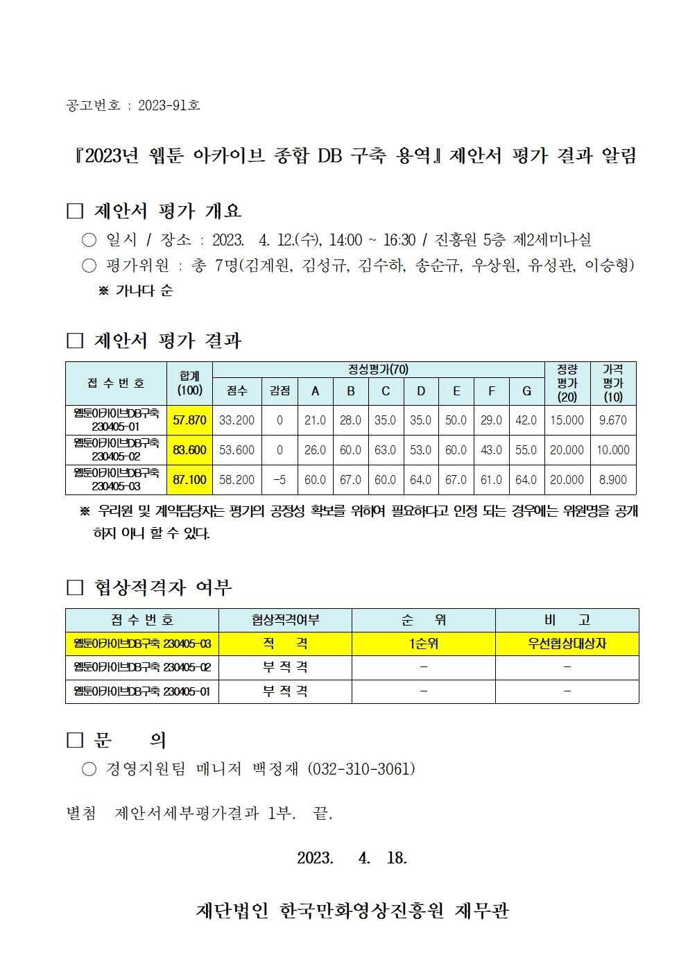 『2023년 웹툰 아카이브 종합 DB 구축 용역』 제안서 평가 결과 알림