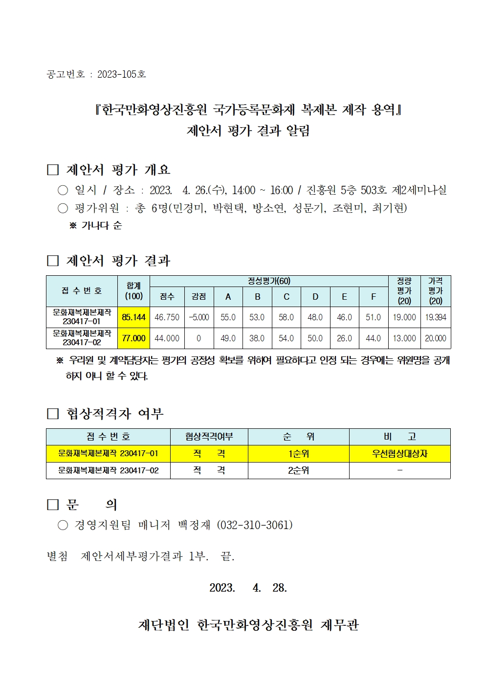 『한국만화영상진흥원 국가등록문화재 복제본 제작 용역』제안서 평가 결과 알림