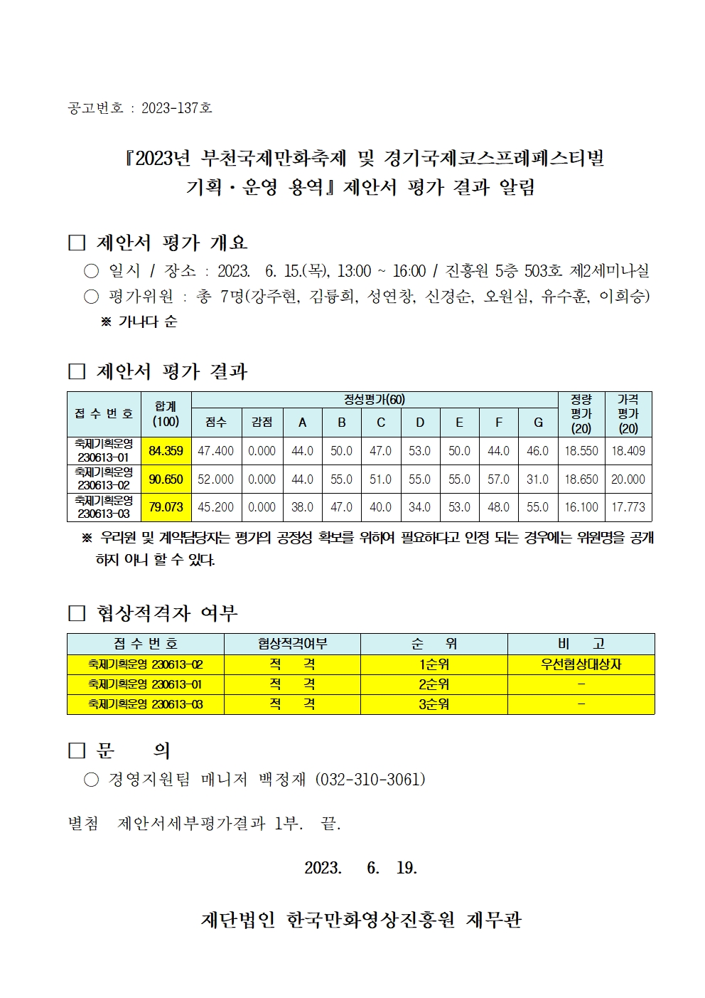 『2023년 부천국제만화축제 및 경기국제코스프레페스티벌 기획 운영 용역』제안서 평가 결과 알림