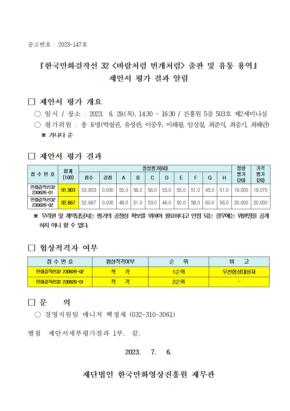 『한국만화걸작선 32 (바람처럼 번개처럼) 출판 및 유통 용역』제안서 평가 결과 알림