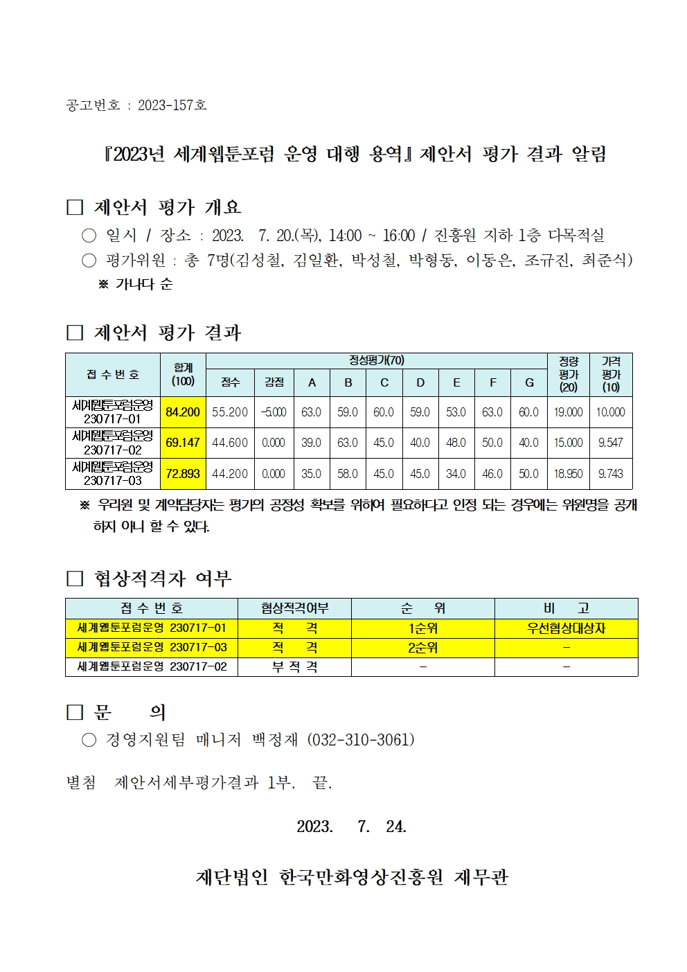 『2023년 세계웹툰포럼 운영 대행 용역』제안서 평가 결과 알림