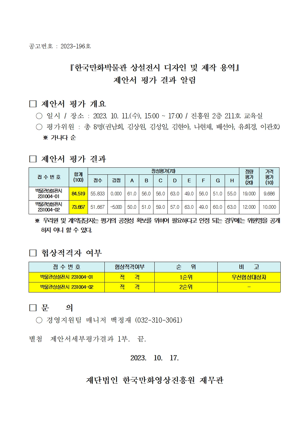 『한국만화박물관 상설전시 디자인 및 제작 용역』 제안서 평가 결과 알림 