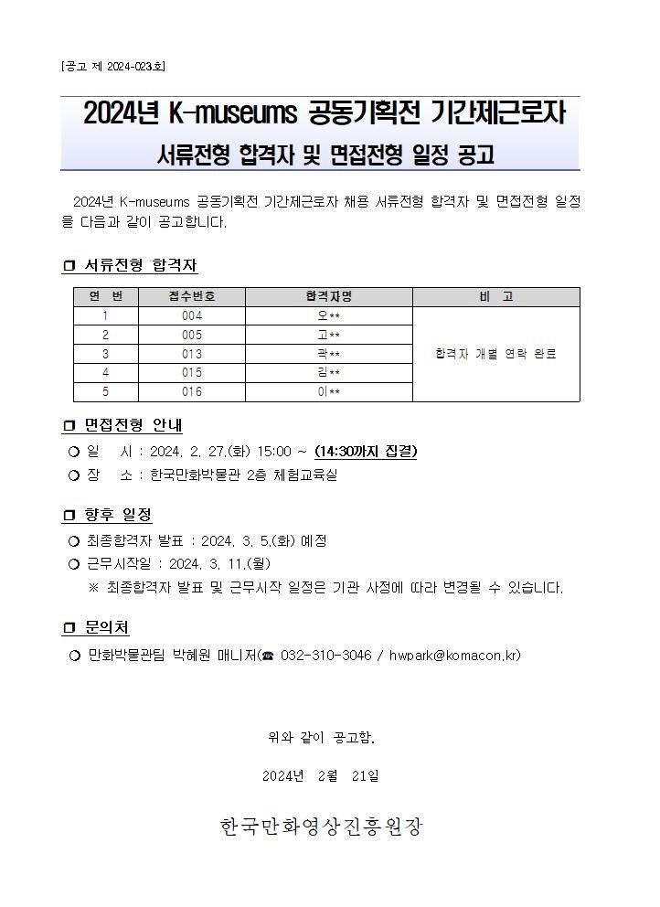 K-museums 공동기획전 기간제근로자 서류전형 합격자 및 면접전형 일정 공고