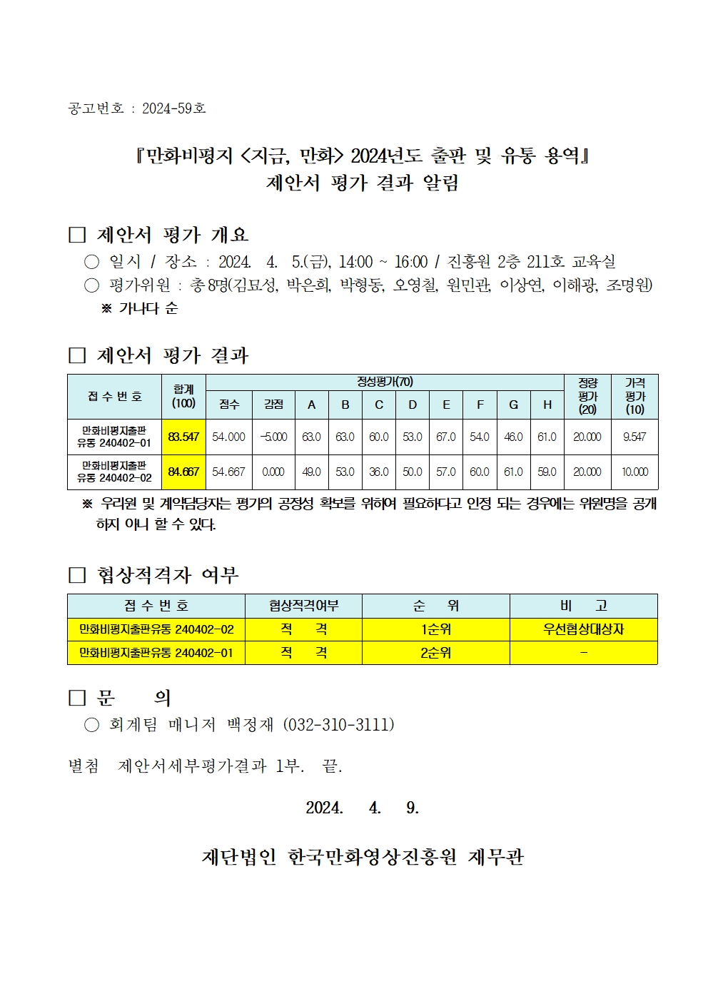 『만화비평지 지금, 만화 2024년도 출판 및 유통 용역』 제안서 평가 결과 알림