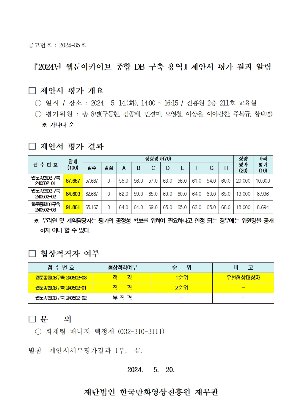 『2024년 웹툰아카이브 종합 DB 구축 용역』 제안서 평가 결과 알림