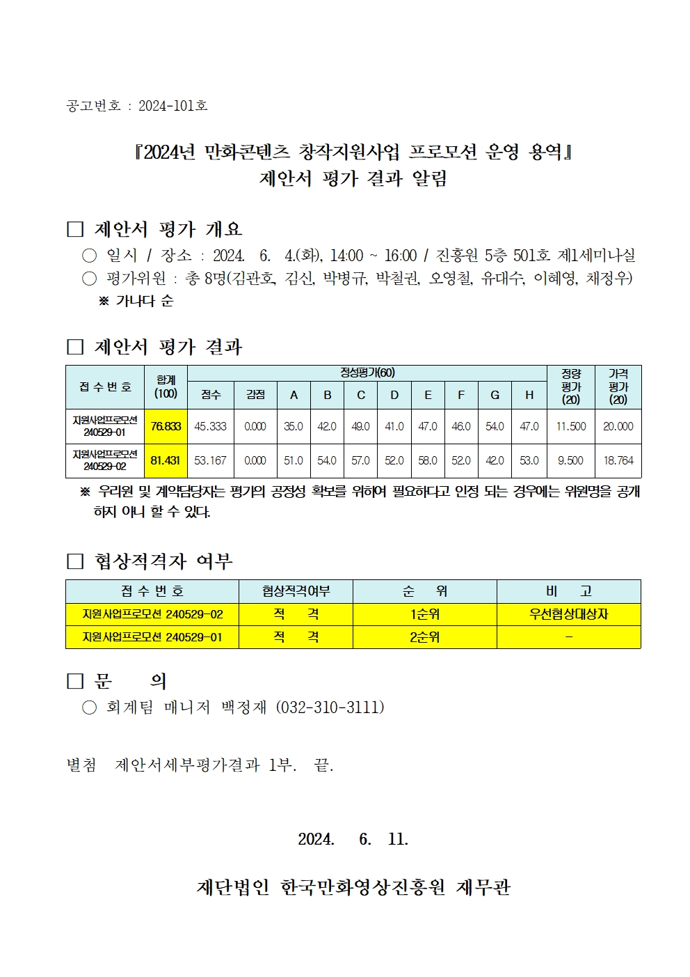 『2024년 만화콘텐츠 창작지원사업 프로모션 운영 용역』 제안서 평가 결과 알림
