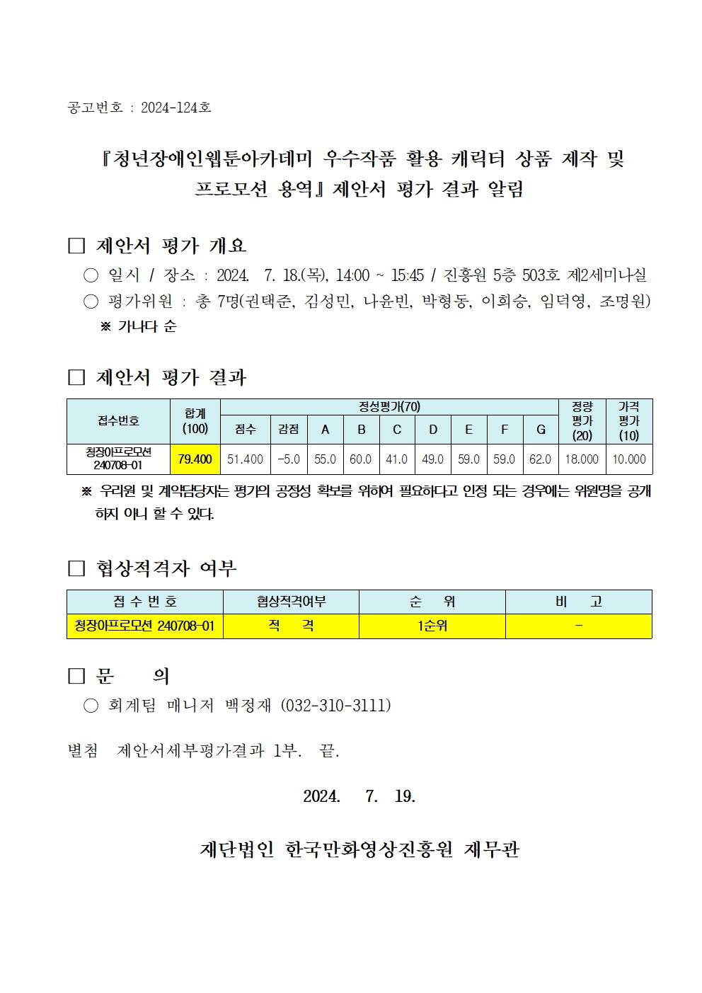 『청년장애인웹툰아카데미 우수작품 활용 캐릭터 상품 제작 및 프로모션 용역』 제안서 평가 결과 알림