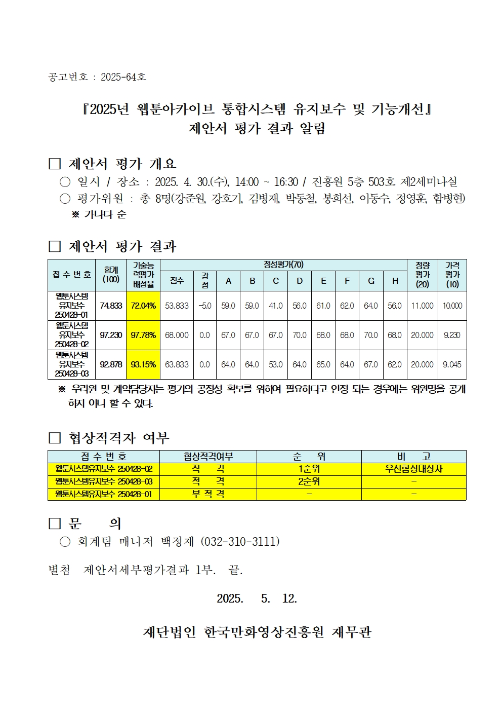 『2025년 웹툰아카이브 통합시스템 유지보수 및 기능개선』제안서 평가 결과 알림