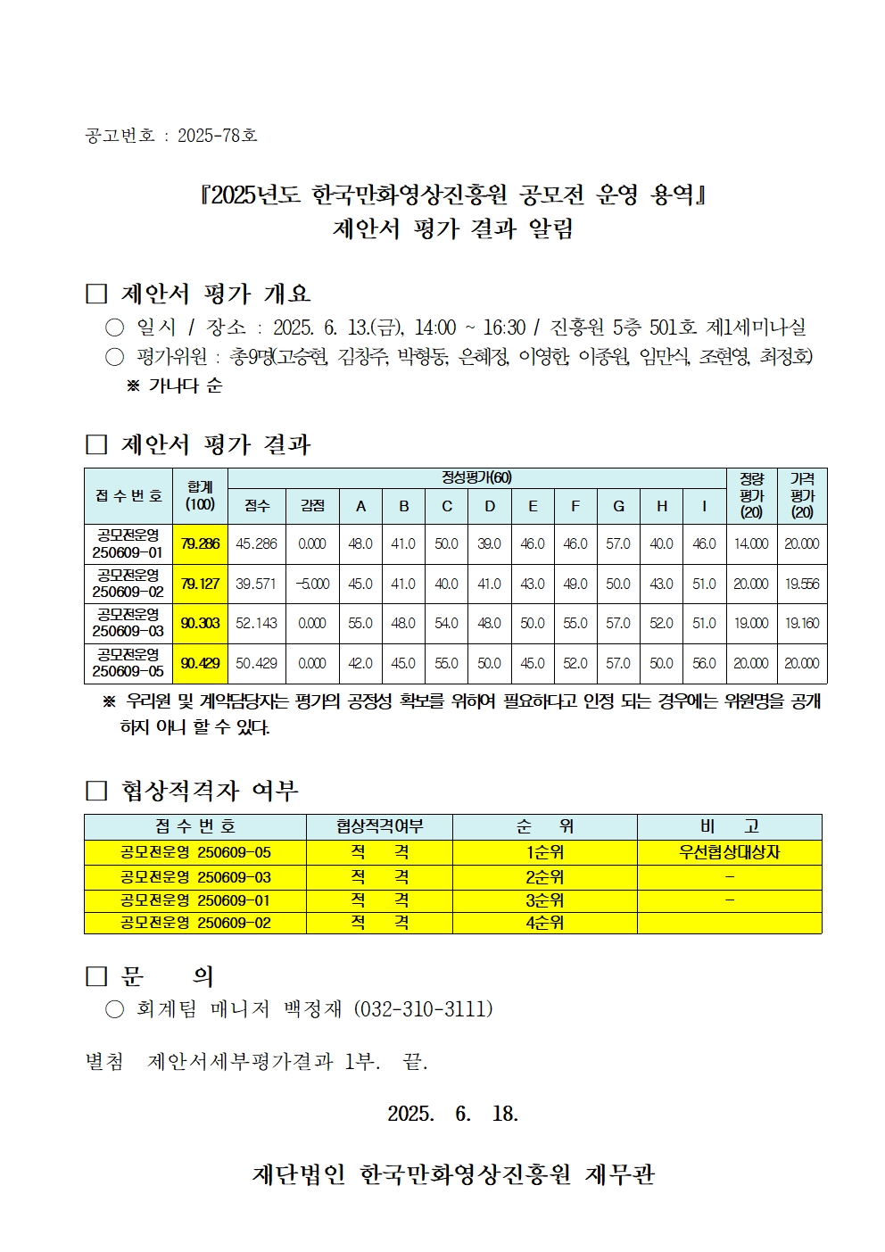 『2025년도 한국만화영상진흥원 공모전 운영 용역』제안서 평가 결과 알림