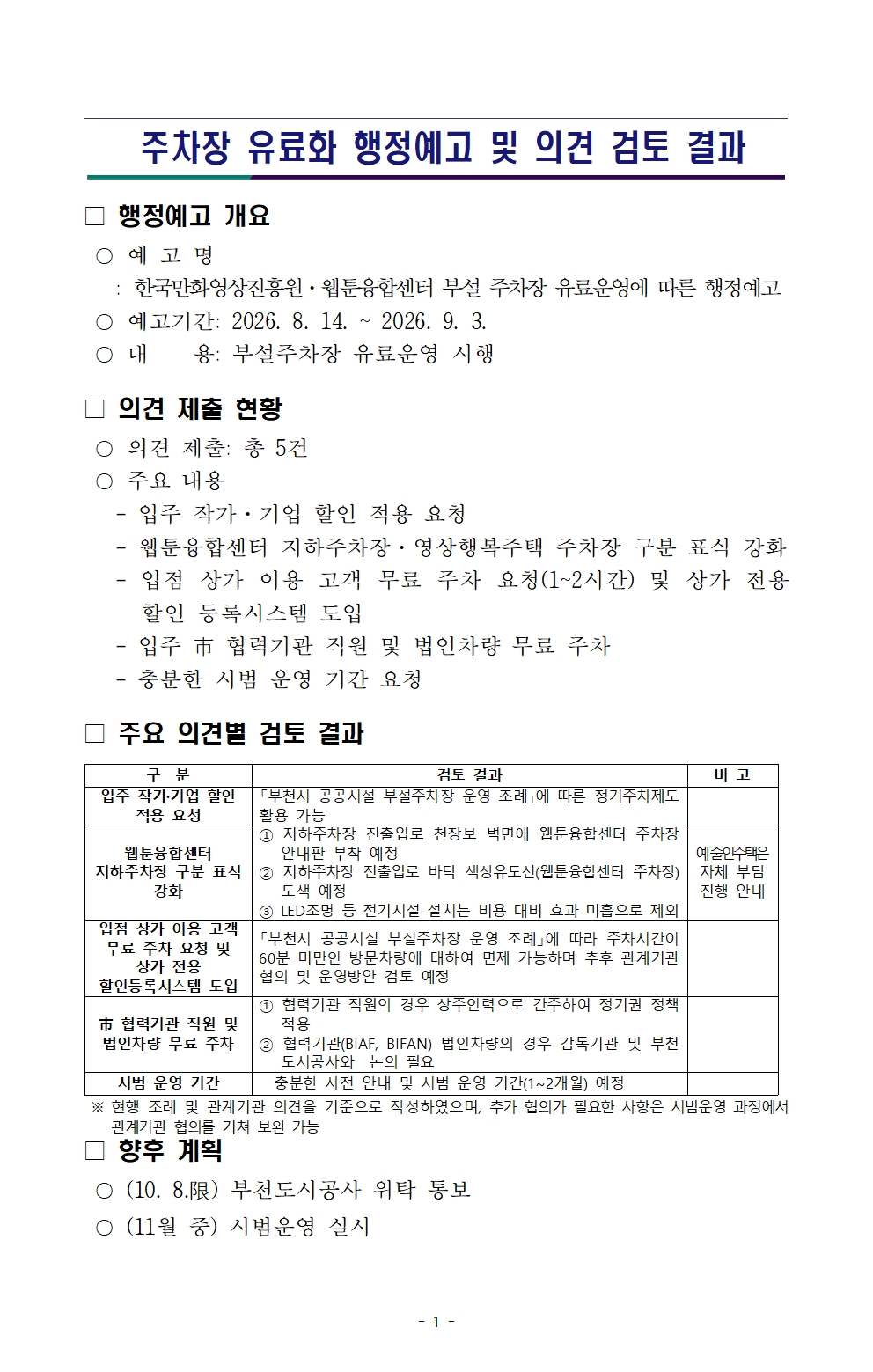 한국만화영상진흥원·웹툰융합센터 부설주자창 유료운영에 따른 행정예고 의견 검토 결과